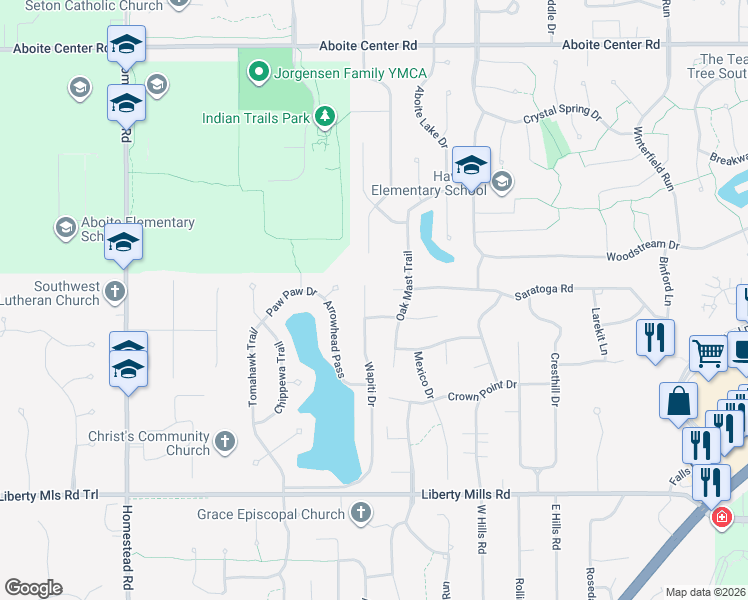 map of restaurants, bars, coffee shops, grocery stores, and more near 5113 Wapiti Drive in Fort Wayne