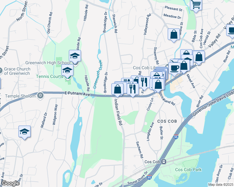 map of restaurants, bars, coffee shops, grocery stores, and more near 523 Old Post Road in Greenwich