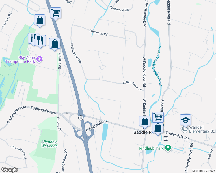 map of restaurants, bars, coffee shops, grocery stores, and more near 14 Eckert Farm Road in Saddle River