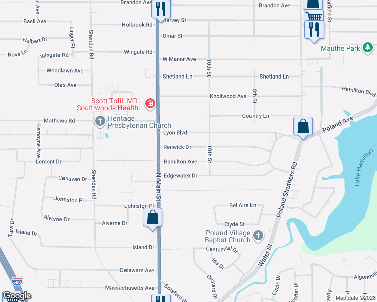 map of restaurants, bars, coffee shops, grocery stores, and more near 55 Renwick Drive in Poland