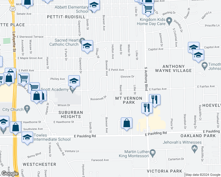 map of restaurants, bars, coffee shops, grocery stores, and more near 1311 East Fairfax Avenue in Fort Wayne