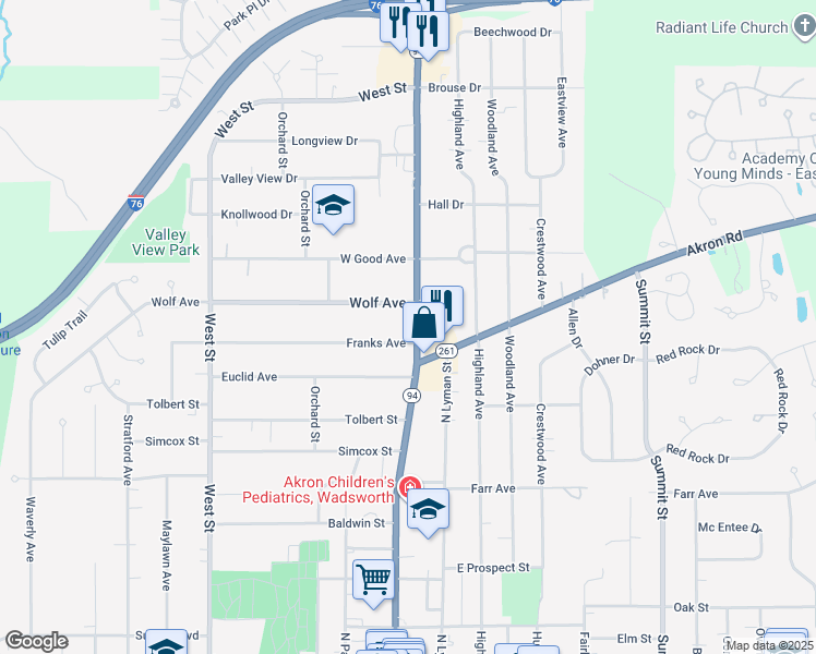 map of restaurants, bars, coffee shops, grocery stores, and more near 518 High Street in Wadsworth