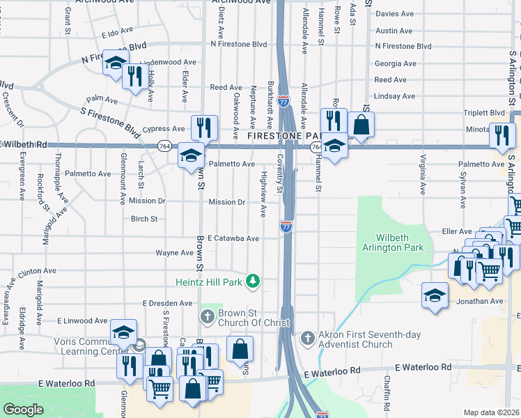map of restaurants, bars, coffee shops, grocery stores, and more near 1642 Highview Avenue in Akron