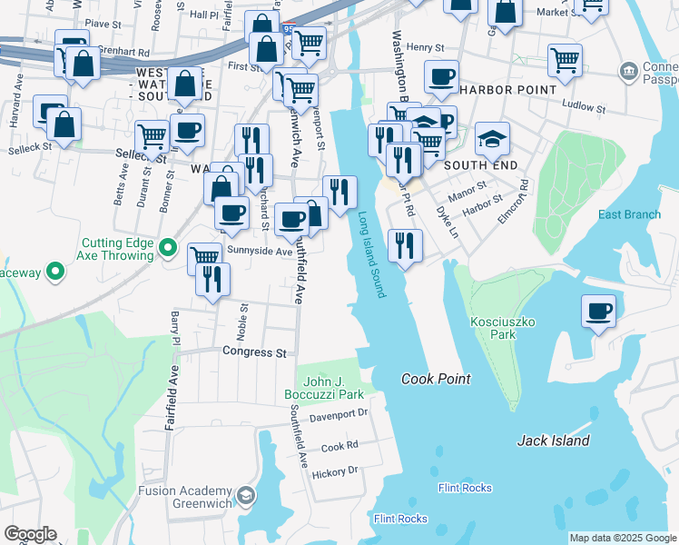 map of restaurants, bars, coffee shops, grocery stores, and more near 98 Southfield Avenue in Stamford