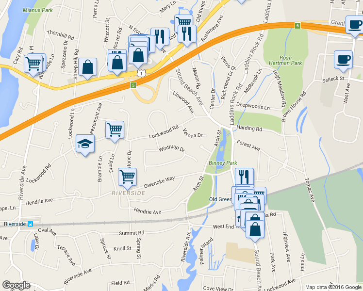 map of restaurants, bars, coffee shops, grocery stores, and more near 80 Winthrop Drive in Greenwich