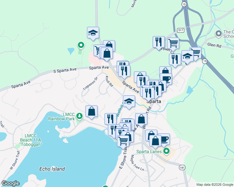 map of restaurants, bars, coffee shops, grocery stores, and more near 34 Knoll Road in Sparta Township
