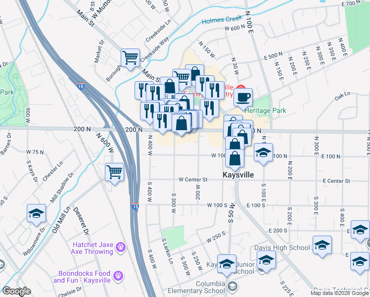 map of restaurants, bars, coffee shops, grocery stores, and more near 130 North 300 West in Kaysville