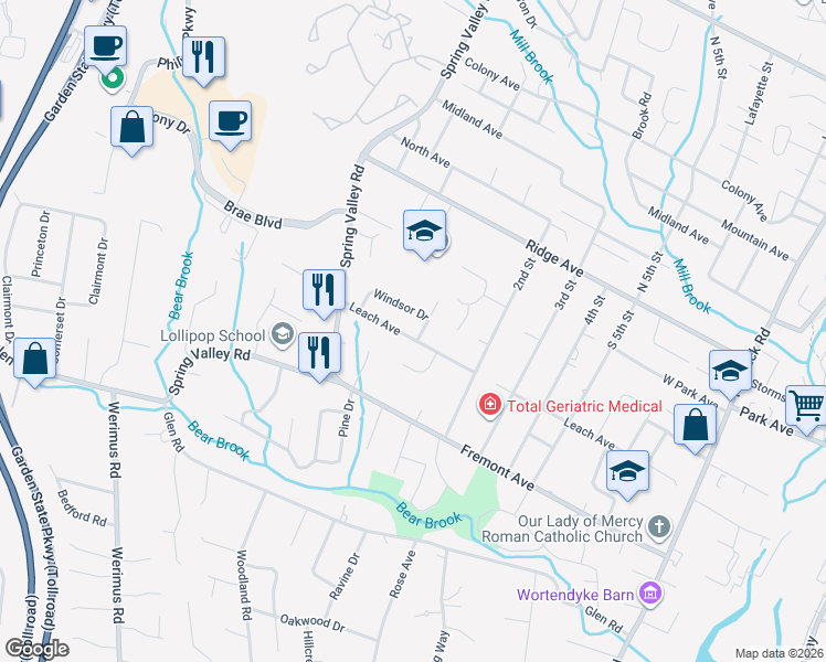 map of restaurants, bars, coffee shops, grocery stores, and more near 166 Leach Avenue in Park Ridge