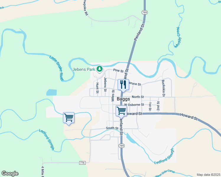 map of restaurants, bars, coffee shops, grocery stores, and more near Locust Street in Baggs