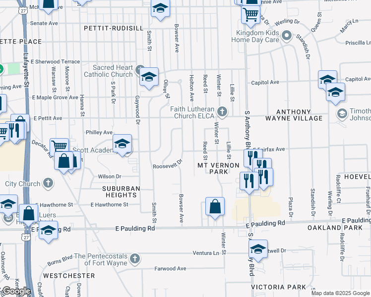 map of restaurants, bars, coffee shops, grocery stores, and more near 5121 Bowser Avenue in Fort Wayne