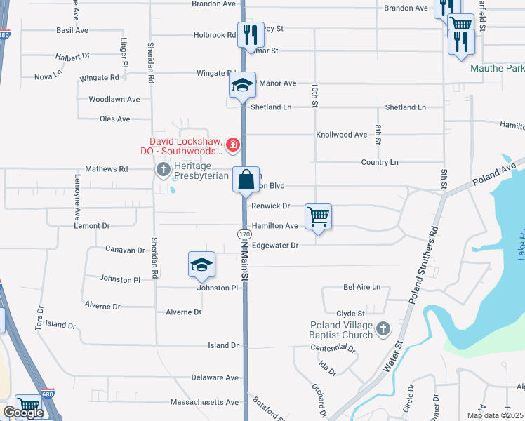 map of restaurants, bars, coffee shops, grocery stores, and more near 27 Renwick Drive in Youngstown