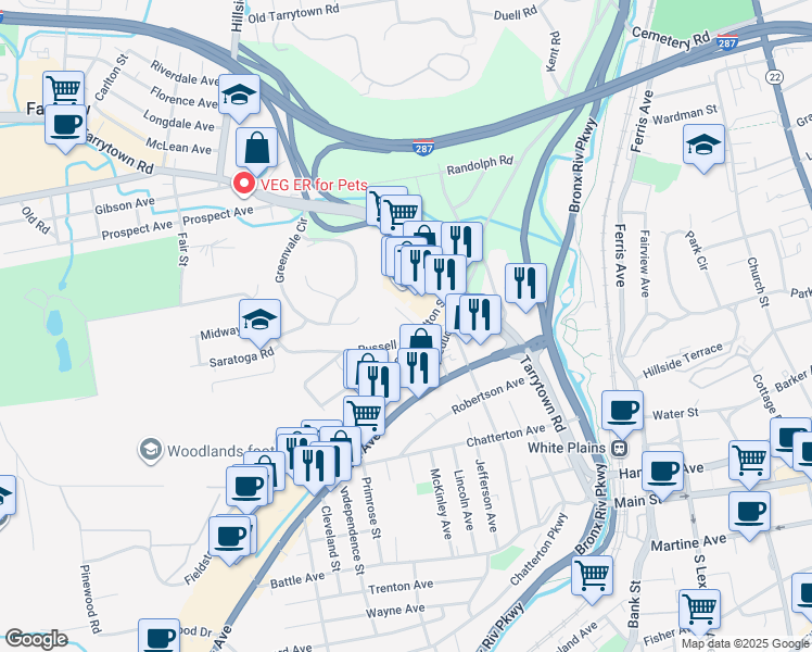 map of restaurants, bars, coffee shops, grocery stores, and more near 151 Fulton Street in White Plains