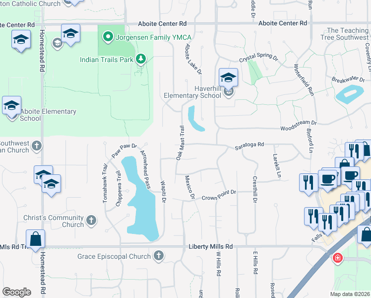 map of restaurants, bars, coffee shops, grocery stores, and more near 5109 Oak Mast Trail in Fort Wayne