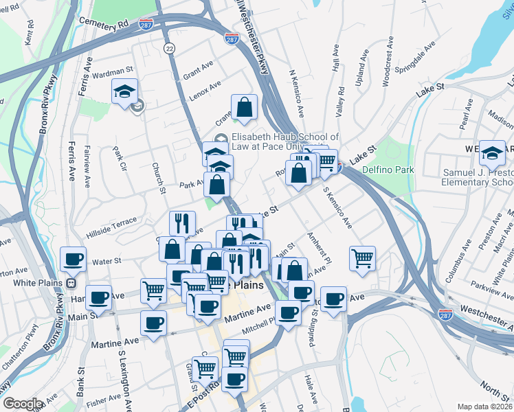 map of restaurants, bars, coffee shops, grocery stores, and more near 7 Lake Street in White Plains