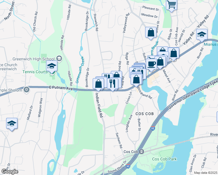 map of restaurants, bars, coffee shops, grocery stores, and more near 12 Old Post Road in Greenwich