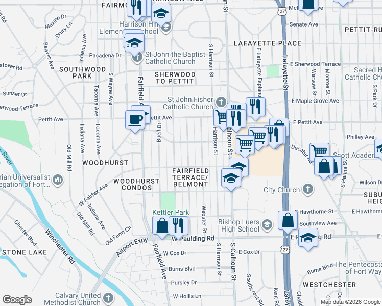 map of restaurants, bars, coffee shops, grocery stores, and more near 5023 Mc Clellan Street in Fort Wayne