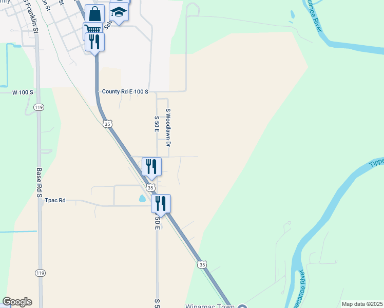map of restaurants, bars, coffee shops, grocery stores, and more near 628 East Braun Lane in Winamac
