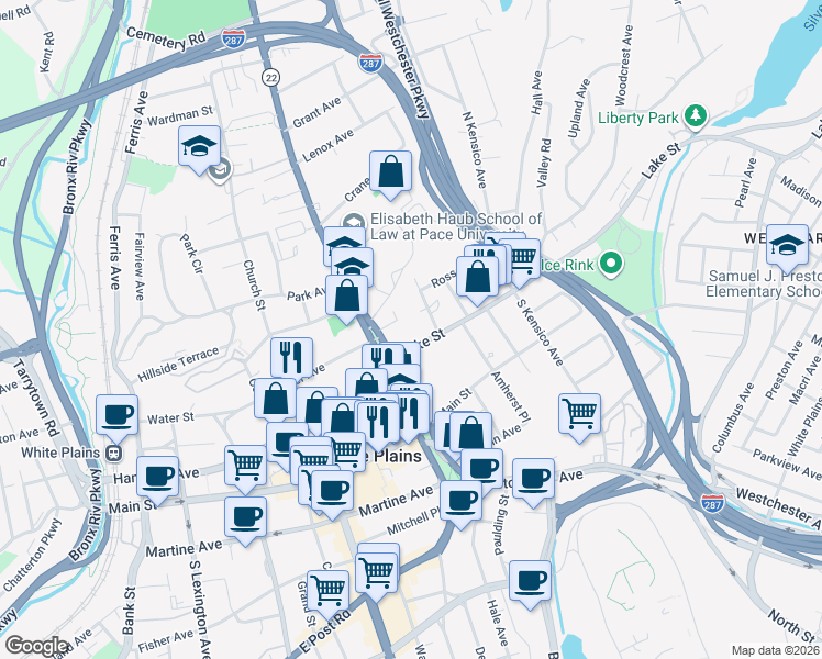 map of restaurants, bars, coffee shops, grocery stores, and more near 7 Lake Street in White Plains