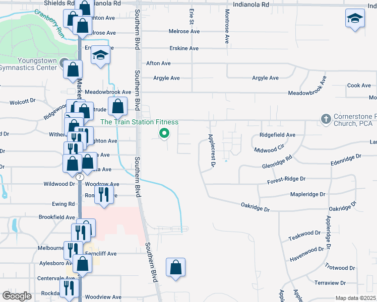 map of restaurants, bars, coffee shops, grocery stores, and more near 197 Mathews Road in Youngstown