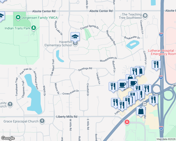 map of restaurants, bars, coffee shops, grocery stores, and more near 9419 Saratoga Road in Fort Wayne