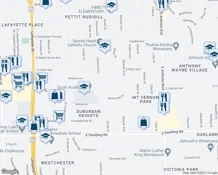 map of restaurants, bars, coffee shops, grocery stores, and more near 5130 Oliver Street in Fort Wayne