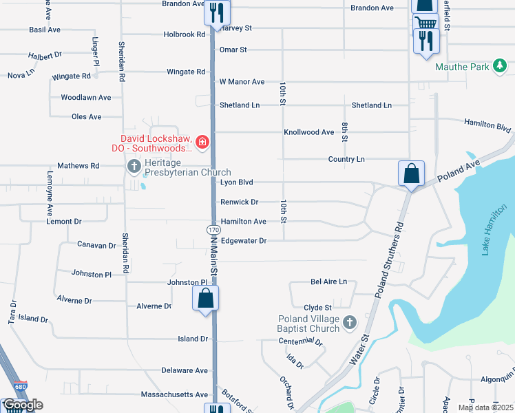 map of restaurants, bars, coffee shops, grocery stores, and more near 55 Renwick Drive in Poland