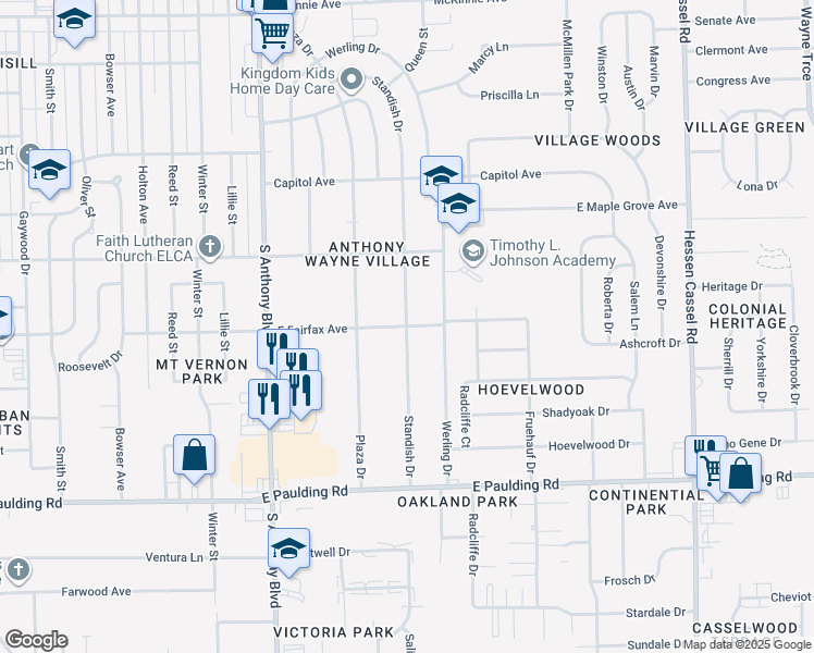 map of restaurants, bars, coffee shops, grocery stores, and more near 2201 East Fairfax Avenue in Fort Wayne