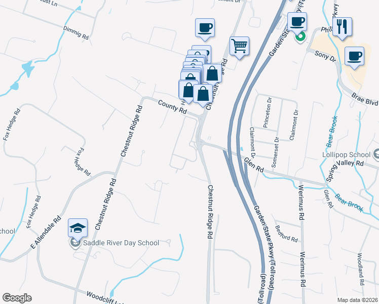 map of restaurants, bars, coffee shops, grocery stores, and more near 43 Orchard Drive in Saddle River