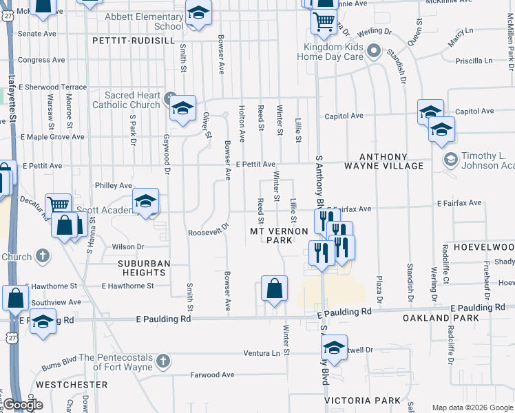 map of restaurants, bars, coffee shops, grocery stores, and more near 5120 Reed Street in Fort Wayne