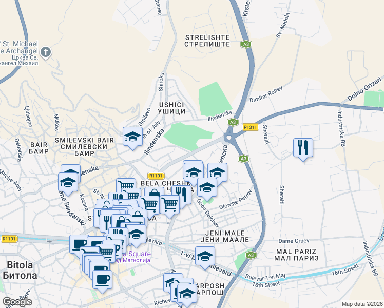 map of restaurants, bars, coffee shops, grocery stores, and more near Naum Naumovski Borche in Bitola