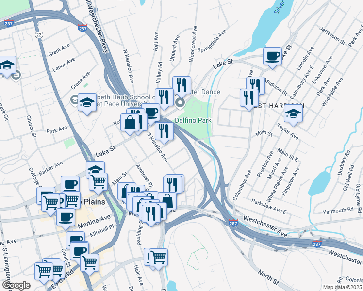 map of restaurants, bars, coffee shops, grocery stores, and more near 16 Minerva Place in White Plains