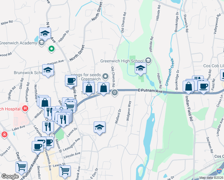 map of restaurants, bars, coffee shops, grocery stores, and more near 1 Old Church Road in Greenwich