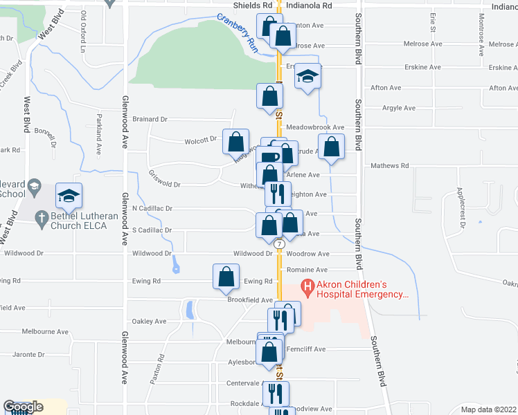 map of restaurants, bars, coffee shops, grocery stores, and more near 32 North Cadillac Drive in Youngstown