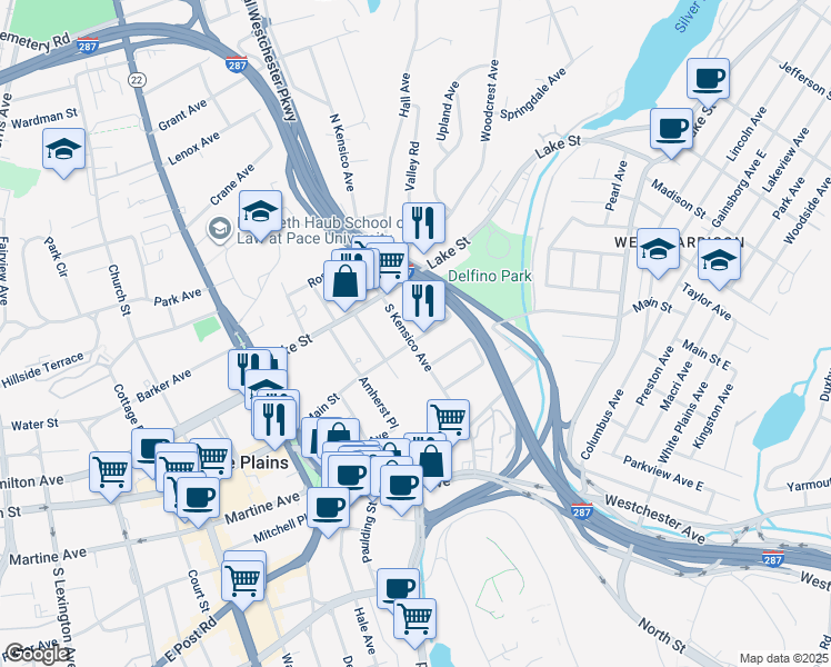 map of restaurants, bars, coffee shops, grocery stores, and more near 42 South Kensico Avenue in White Plains