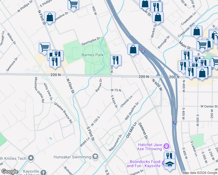 map of restaurants, bars, coffee shops, grocery stores, and more near 77 North Kays Drive in Kaysville