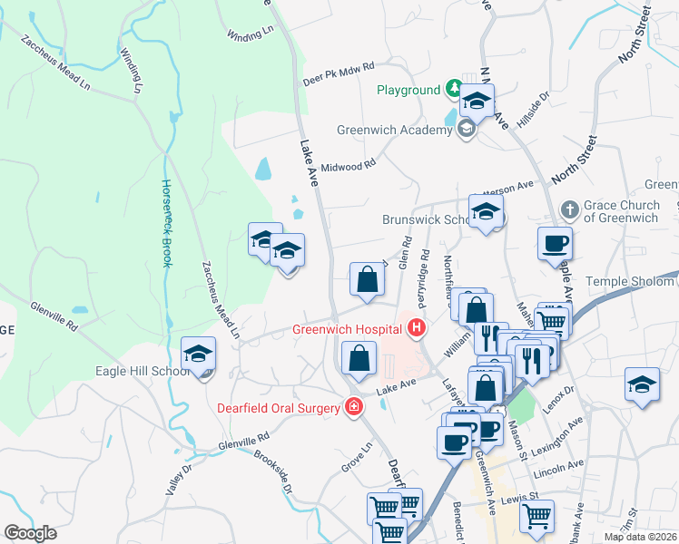 map of restaurants, bars, coffee shops, grocery stores, and more near 193 Lake Avenue in Greenwich