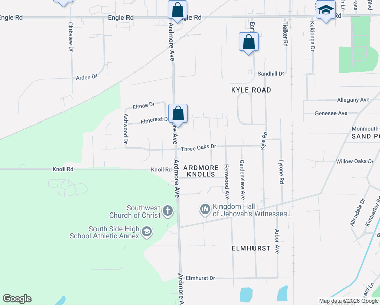 map of restaurants, bars, coffee shops, grocery stores, and more near 3627 Three Oaks Drive in Fort Wayne