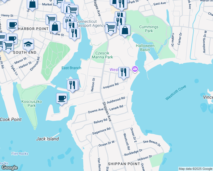 map of restaurants, bars, coffee shops, grocery stores, and more near 43 Mohegan Avenue in Stamford