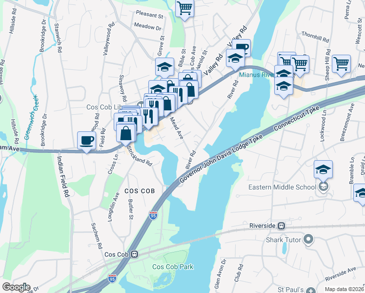 map of restaurants, bars, coffee shops, grocery stores, and more near 29 Mead Avenue in Greenwich