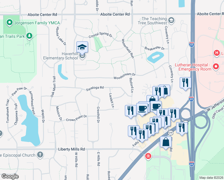 map of restaurants, bars, coffee shops, grocery stores, and more near 9325 Saratoga Road in Fort Wayne