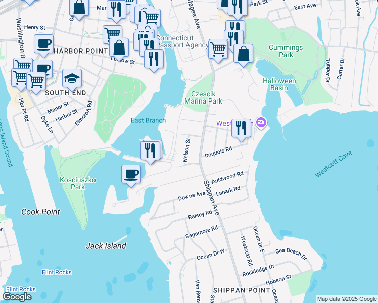 map of restaurants, bars, coffee shops, grocery stores, and more near 23 Nelson Street in Stamford