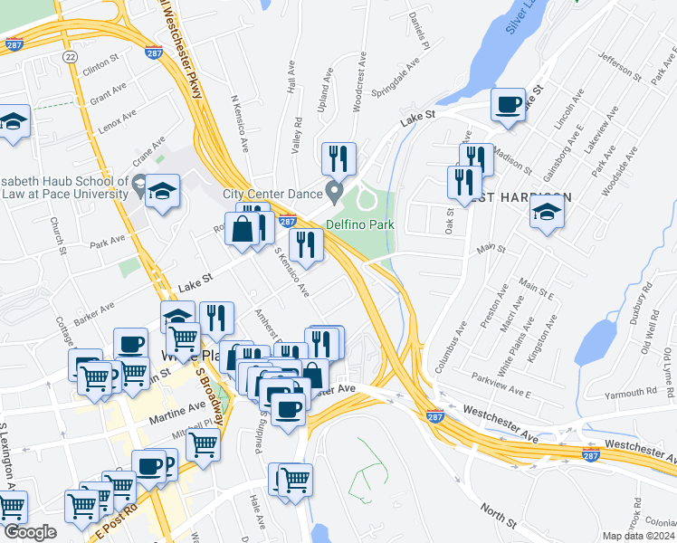 map of restaurants, bars, coffee shops, grocery stores, and more near 16 Minerva Place in White Plains