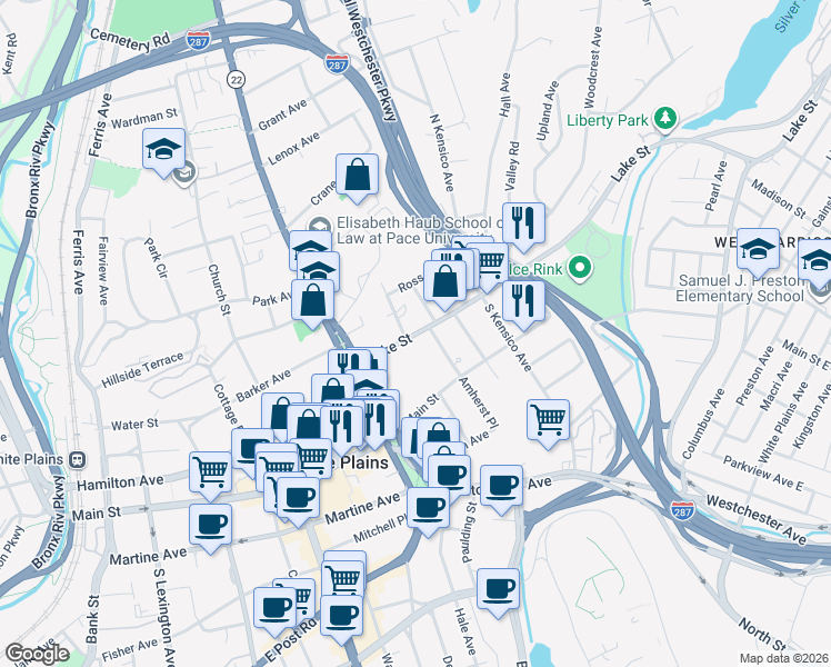 map of restaurants, bars, coffee shops, grocery stores, and more near 15 Lake Street in White Plains