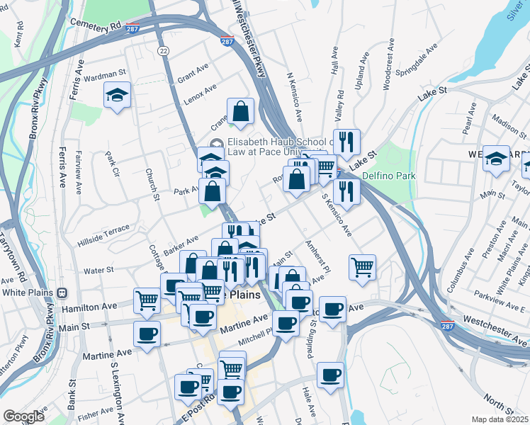 map of restaurants, bars, coffee shops, grocery stores, and more near 15 Lake Street in White Plains