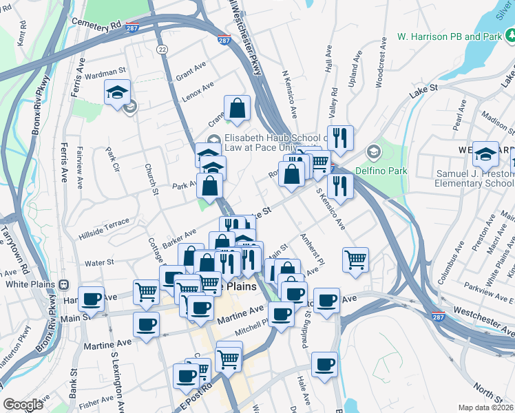 map of restaurants, bars, coffee shops, grocery stores, and more near 15 Lake Street in White Plains