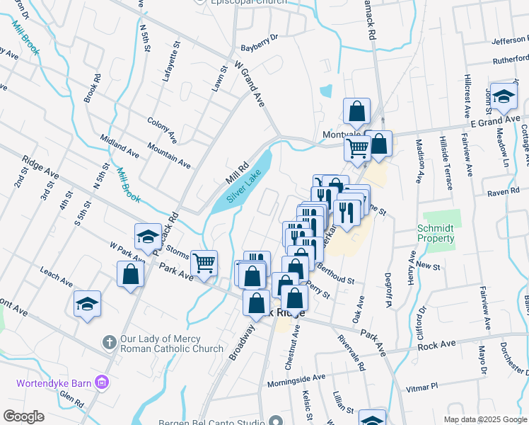 map of restaurants, bars, coffee shops, grocery stores, and more near 83 North Maple Avenue in Park Ridge