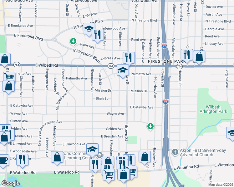map of restaurants, bars, coffee shops, grocery stores, and more near 1633 Greenlawn Avenue in Akron