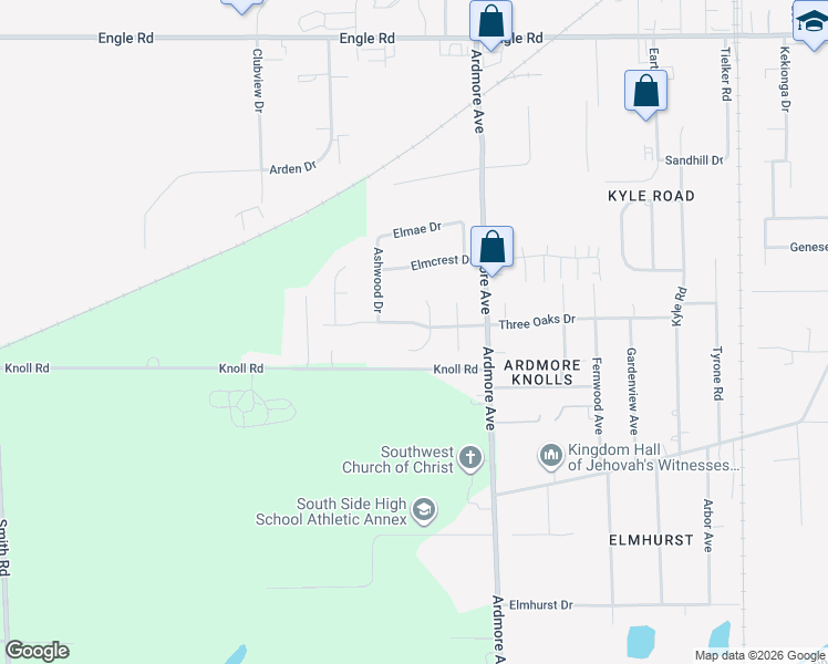 map of restaurants, bars, coffee shops, grocery stores, and more near 4015 Three Oaks Drive in Fort Wayne