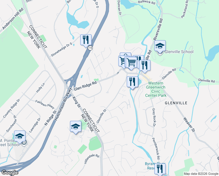 map of restaurants, bars, coffee shops, grocery stores, and more near Curt Terrace in Greenwich