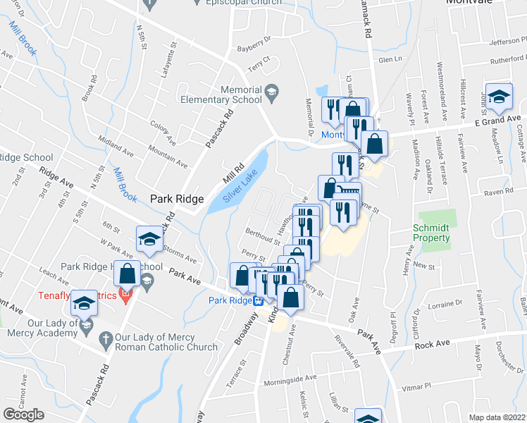 map of restaurants, bars, coffee shops, grocery stores, and more near 83 North Maple Avenue in Park Ridge